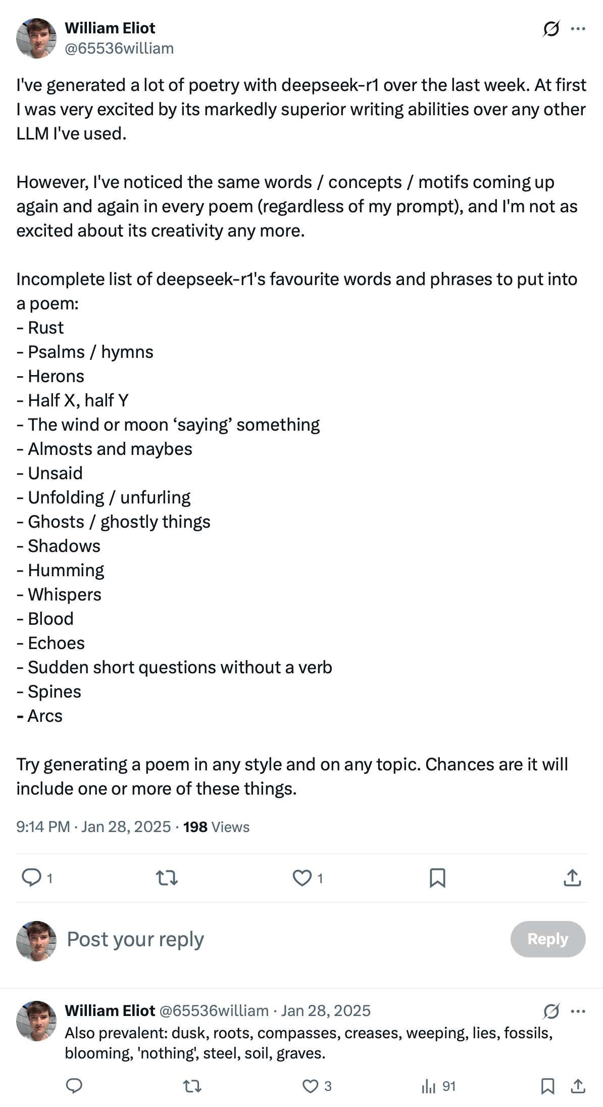 A tweet of mine about DeepSeek poetry